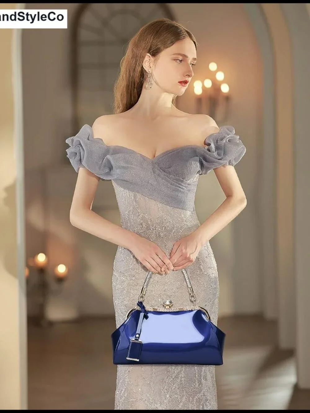 Patent Leather Top Handle Satchel Bag with Crystal Buckle Evening Tote Shoulder